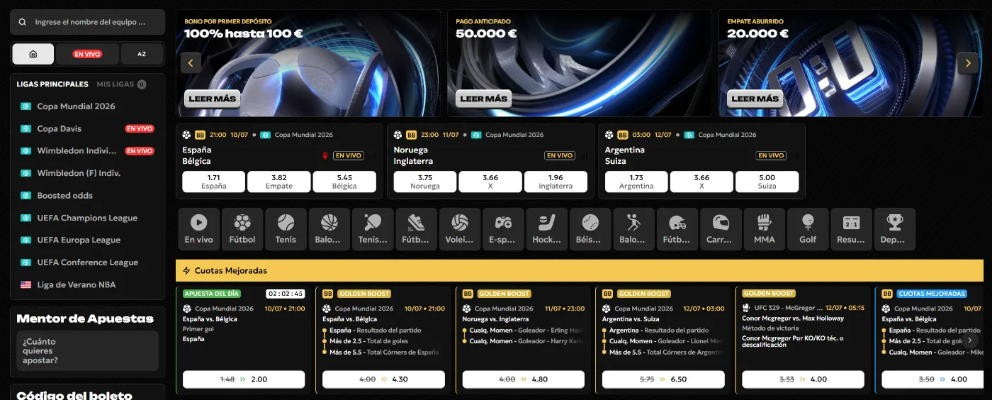 Spinsy Casino pantalla de apuestas deportivas con Copa Mundial 2026, cuotas mejoradas y eventos en vivo