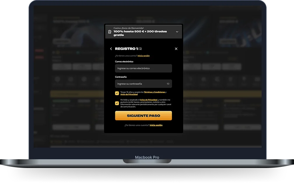 Spinsy Casino registro en Macbook con bono de bienvenida y formulario de cuenta